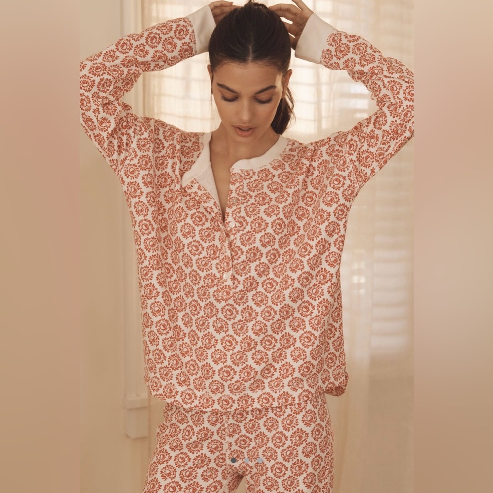 Anthropologie Red/White Celestial Pattern Waffle Knit Pajama Set 2XL